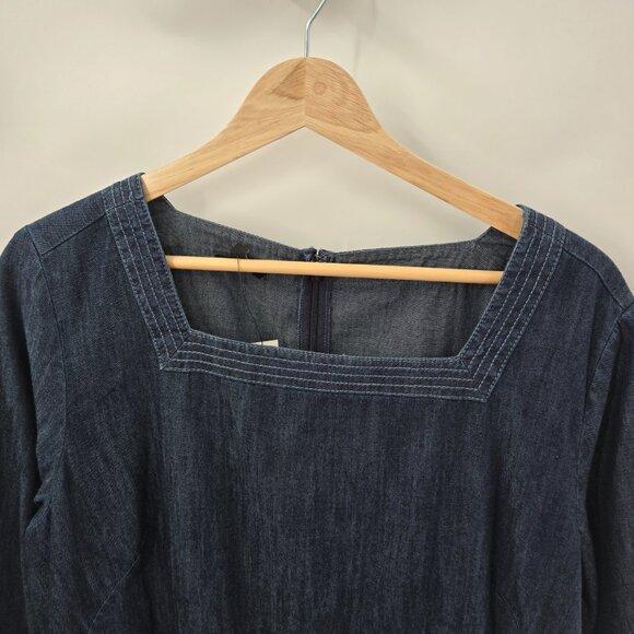 Talbots Denim Chambray Cotton Square Neck 3/4 Sleeved Midi Shift Dress 16P - Picture 4 of 15